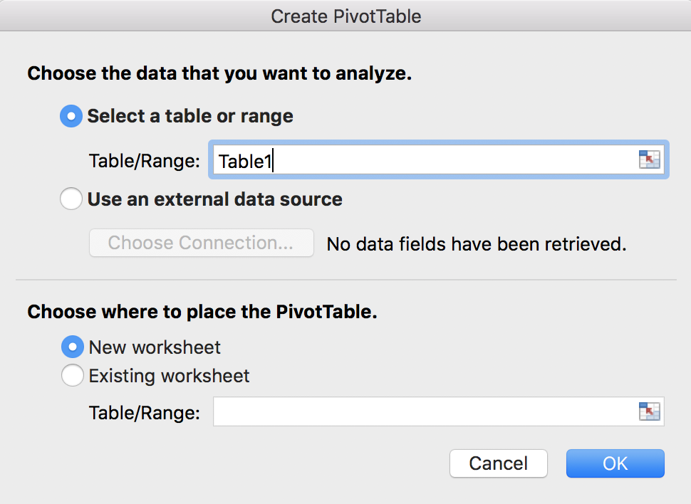 Create Pivot Window With table